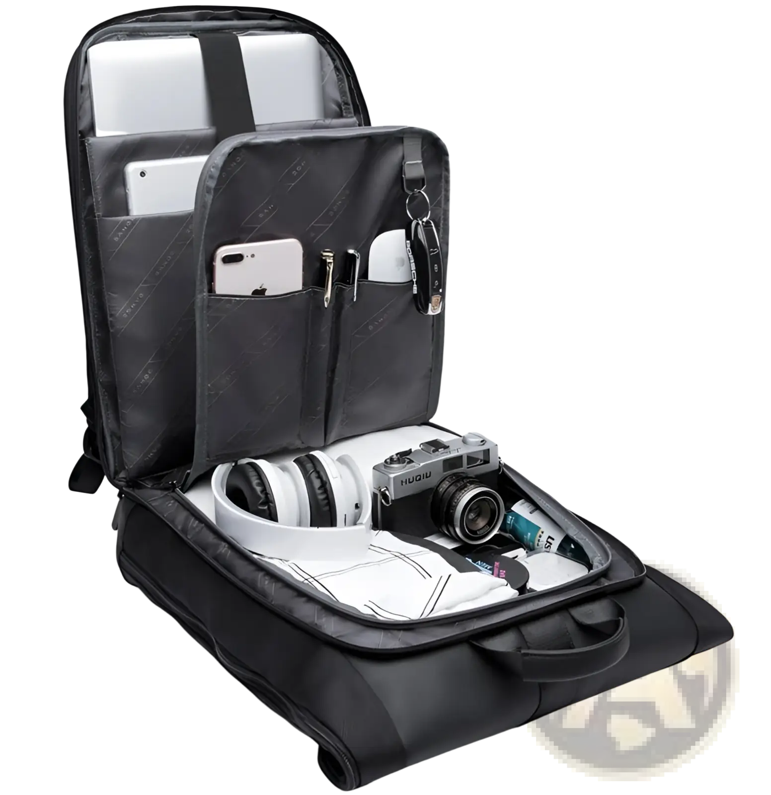 Men’s 16 inch roll top laptop backpack black nylon with multiple compartments and sleek minimalist design