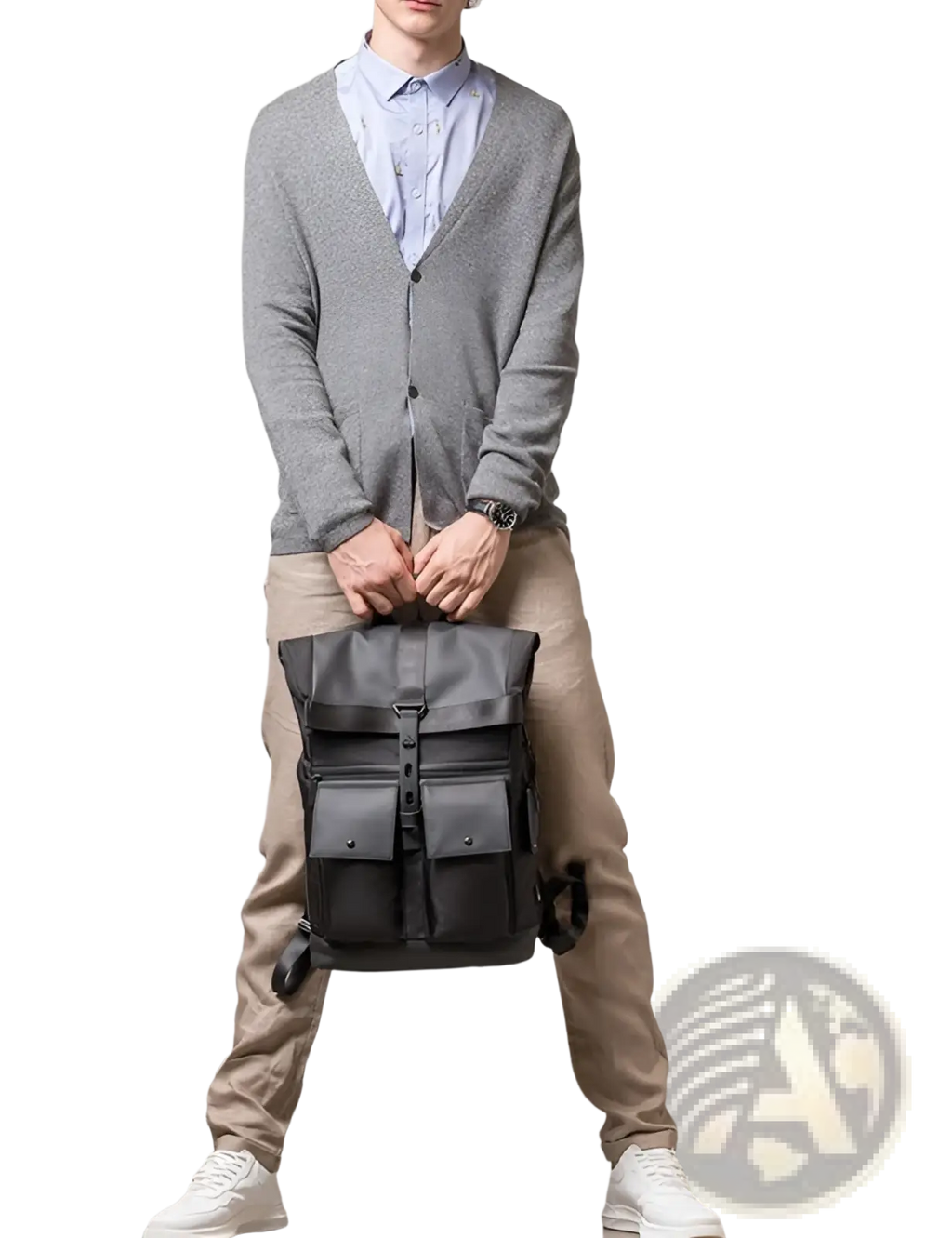 Black leather men’s 16 inch roll top laptop backpack with multiple front pockets and adjustable straps