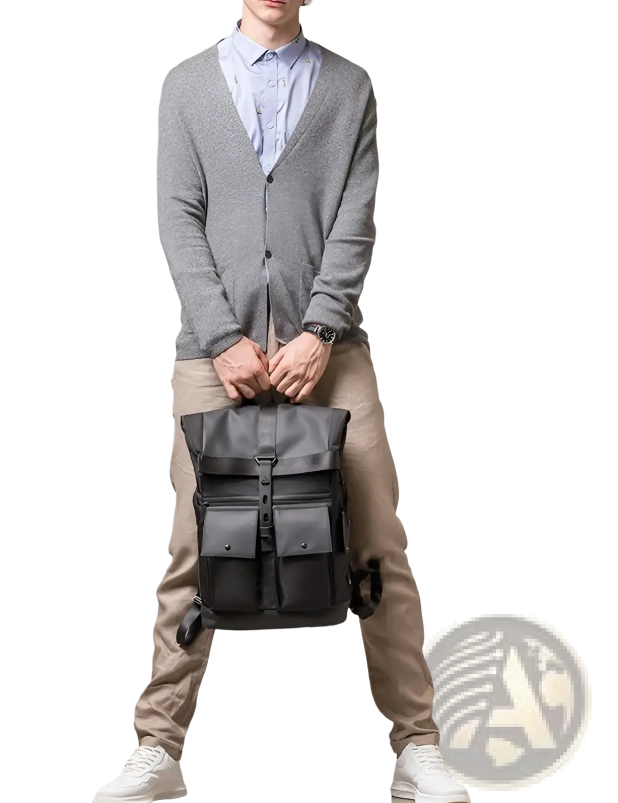 Black leather men’s 16 inch roll top laptop backpack with multiple front pockets and adjustable straps
