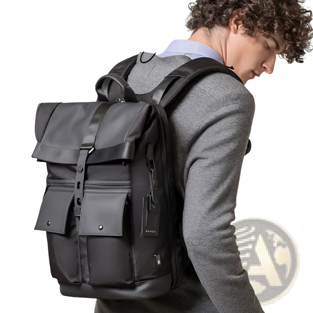 Black 16 inch roll top laptop backpack made of nylon with leather accents and multiple pockets for men