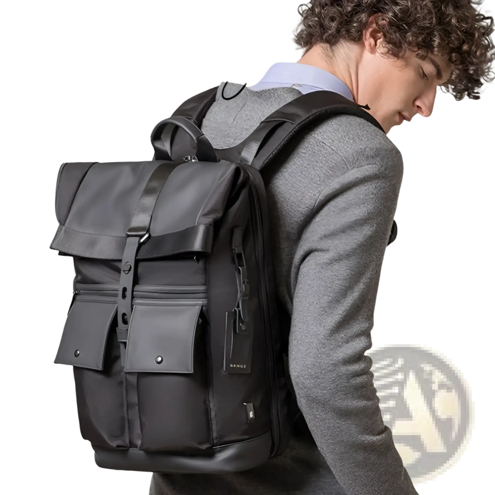 Black 16 inch roll top laptop backpack made of nylon with leather accents and multiple pockets for men