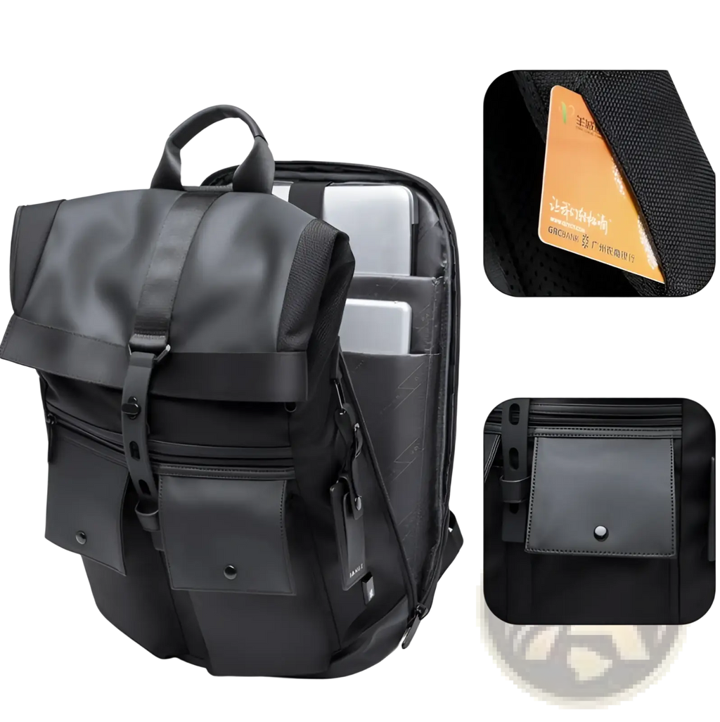 Men’s 16 inch roll top laptop backpack in black nylon and leather with multiple zippered compartments and front pocket