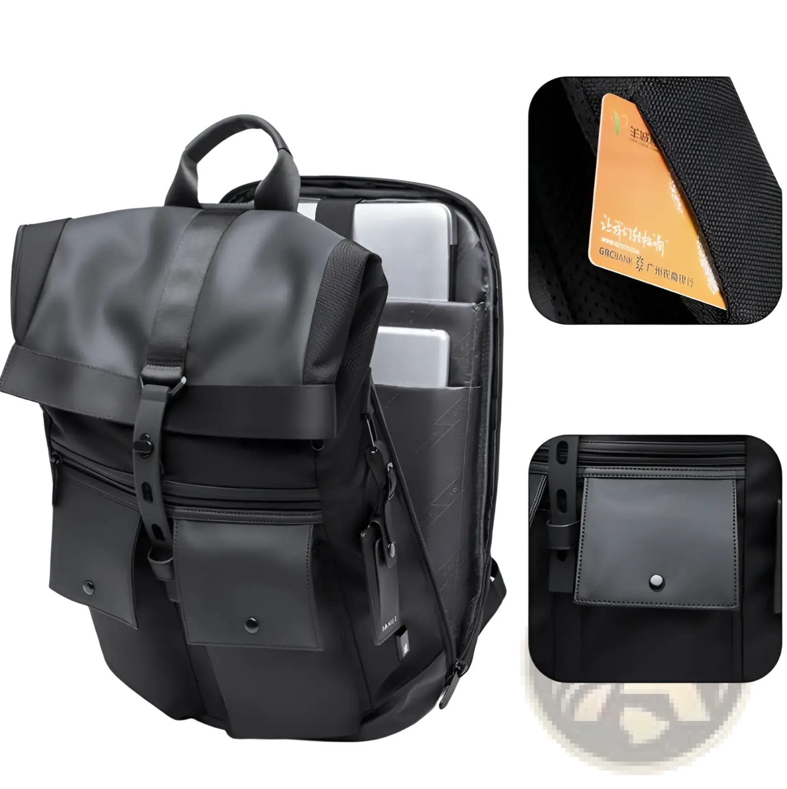 Men’s 16 inch roll top laptop backpack in black nylon and leather with multiple zippered compartments and front pocket