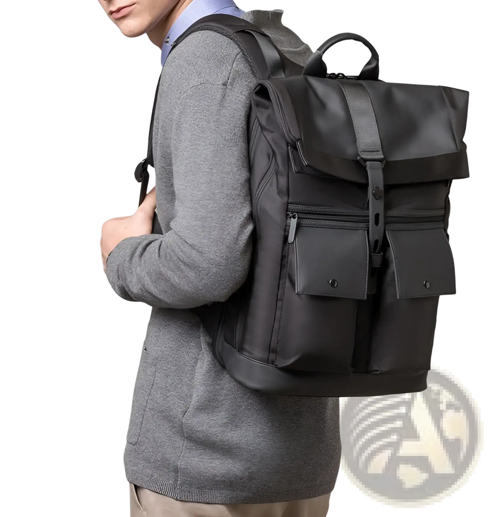 Men’s 16 inch roll top laptop backpack in black nylon with front pockets for organized daily use