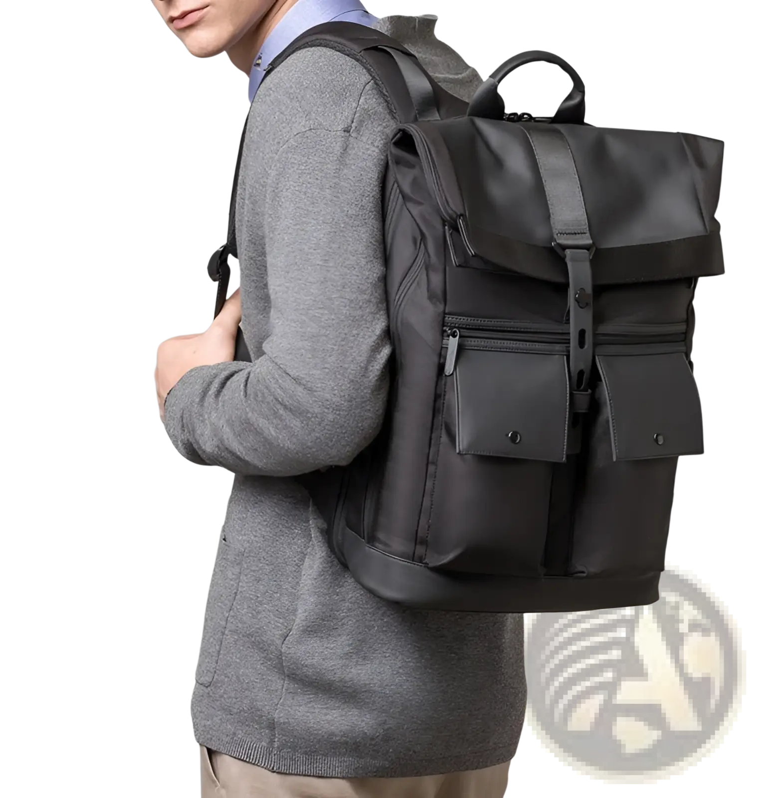 Men’s 16 inch roll top laptop backpack in black nylon with front pockets for organized daily use
