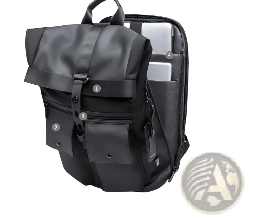 Men’s 16 inch roll top laptop backpack in black nylon with durable fabric and leather-like straps
