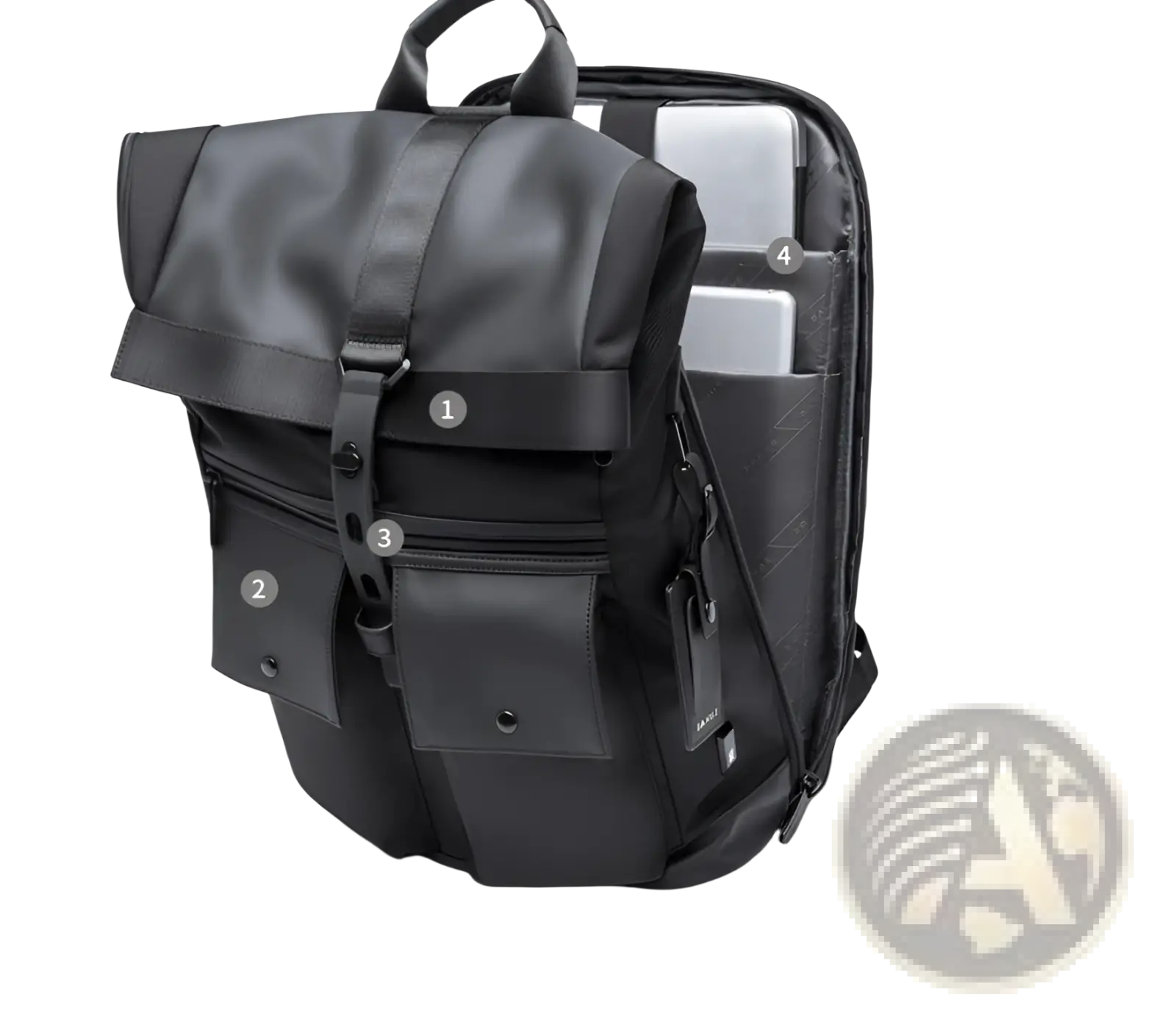 Men’s 16 inch roll top laptop backpack in black nylon with durable fabric and leather-like straps