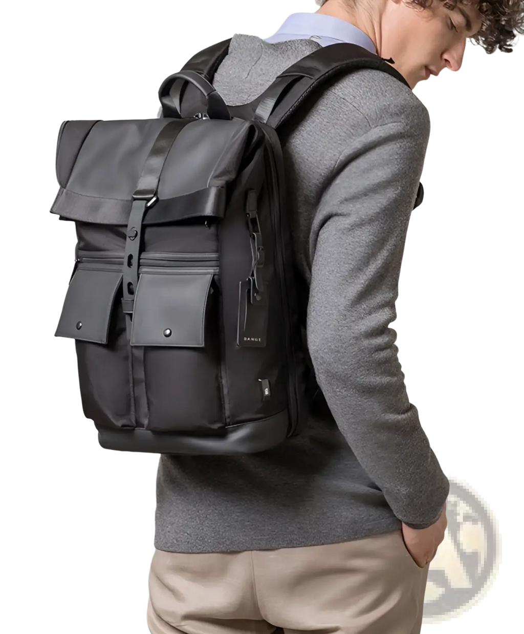 Men’s 16 inch roll top laptop backpack in black nylon with leather accents and multiple pockets for organization