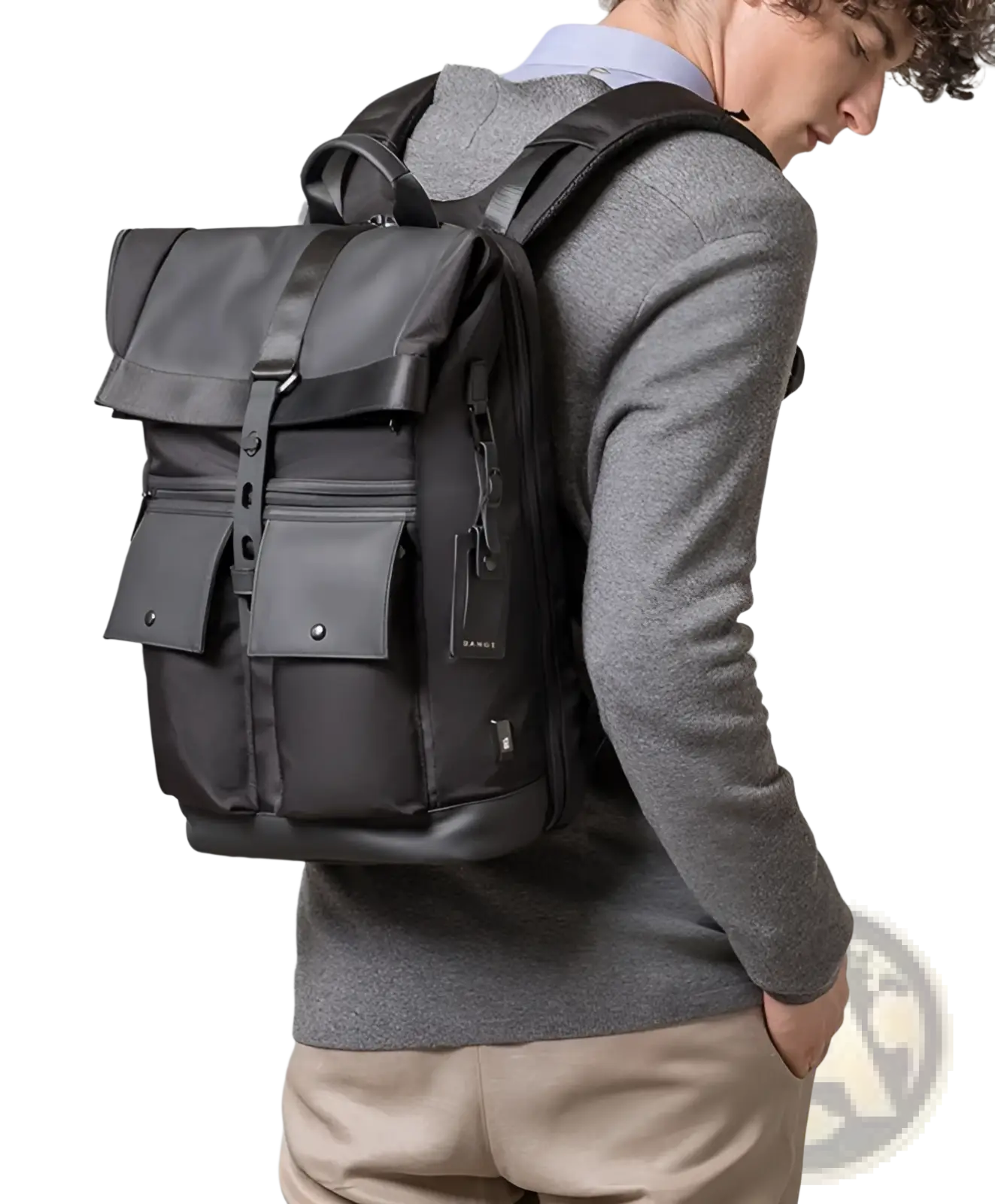 Men’s 16 inch roll top laptop backpack in black nylon with leather accents and multiple pockets for organization