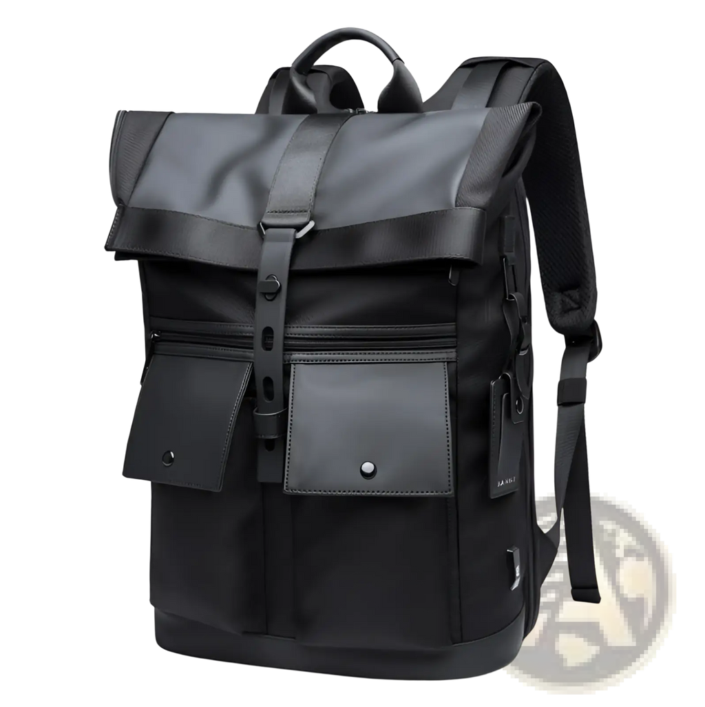 Men’s 16 inch roll top laptop backpack in black nylon with durable fabric and leather-like accents and a modern design