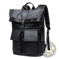 Men’s 16 inch roll top laptop backpack in black nylon with durable fabric and leather-like accents and a modern design