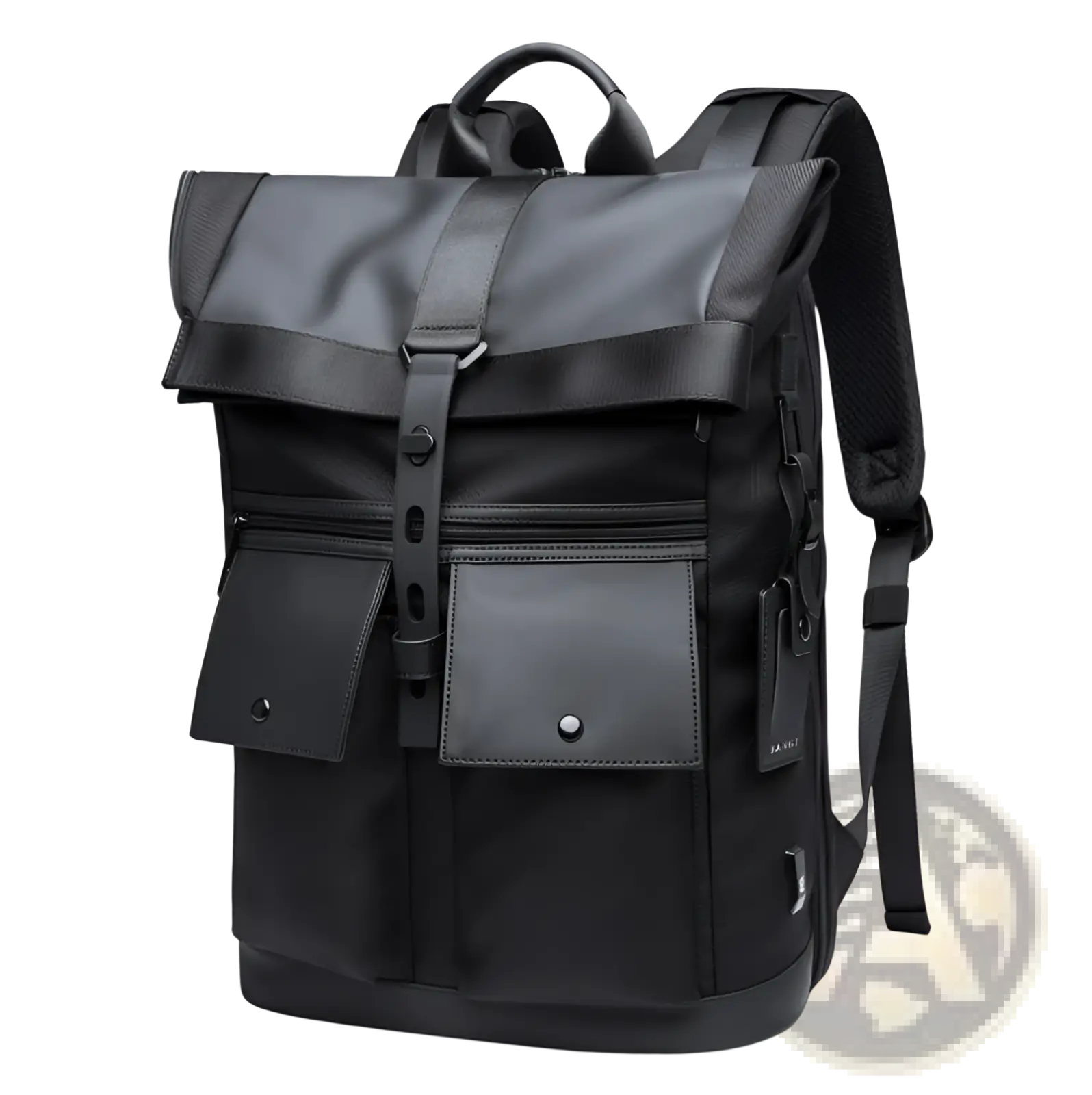 Men’s 16 inch roll top laptop backpack in black nylon with durable fabric and leather-like accents and a modern design