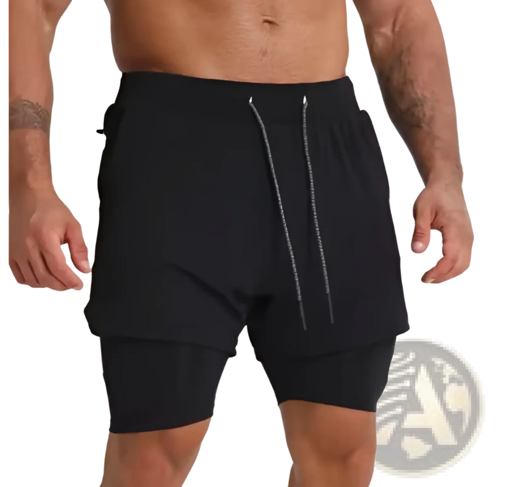 Men’s black 2-in-1 breathable quick dry athletic training shorts with layered design and silver drawstrings