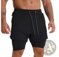 Men’s black 2-in-1 breathable quick dry athletic training shorts with layered design and silver drawstrings
