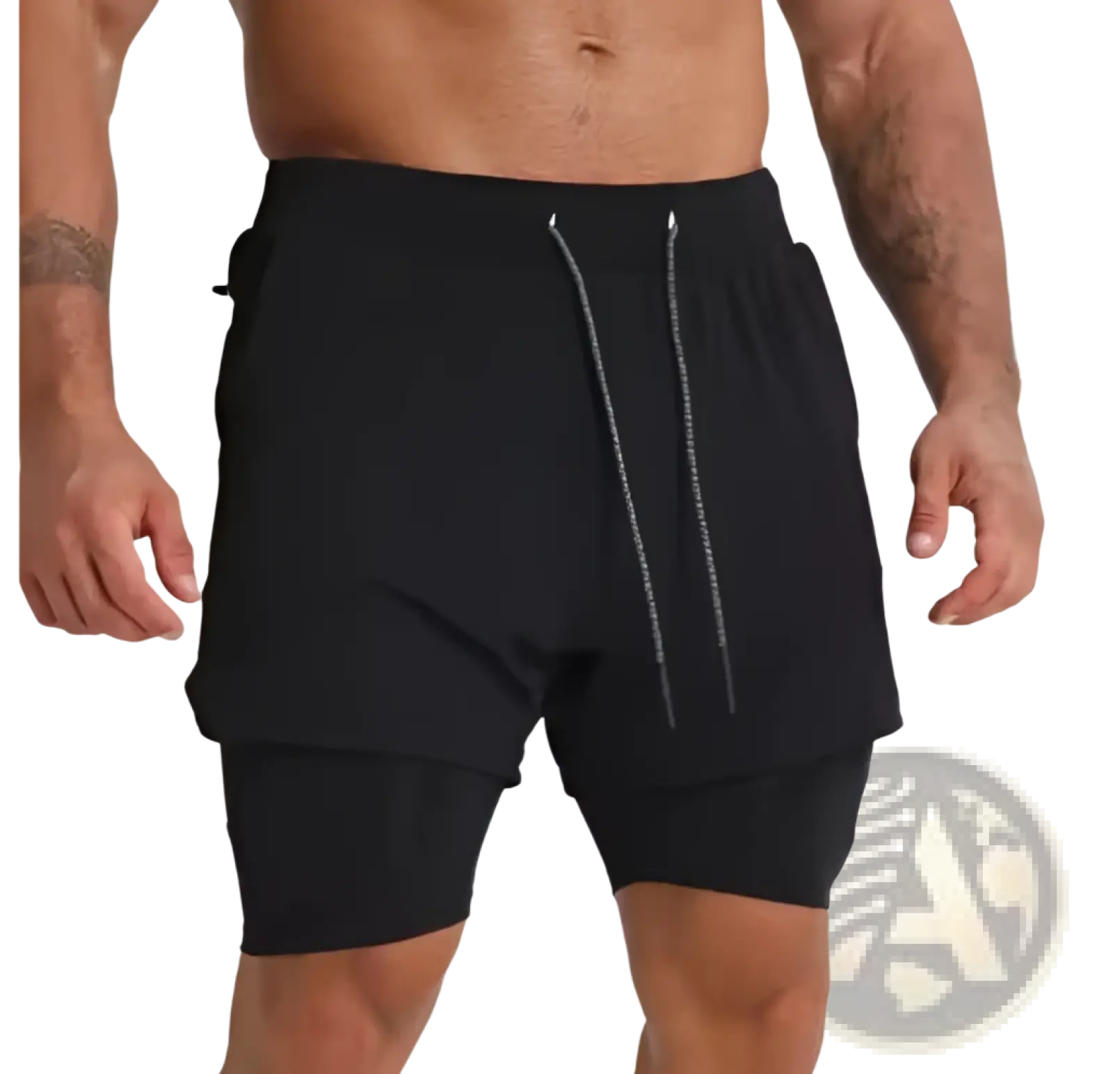 Men’s black 2-in-1 breathable quick dry athletic training shorts with layered design and silver drawstrings