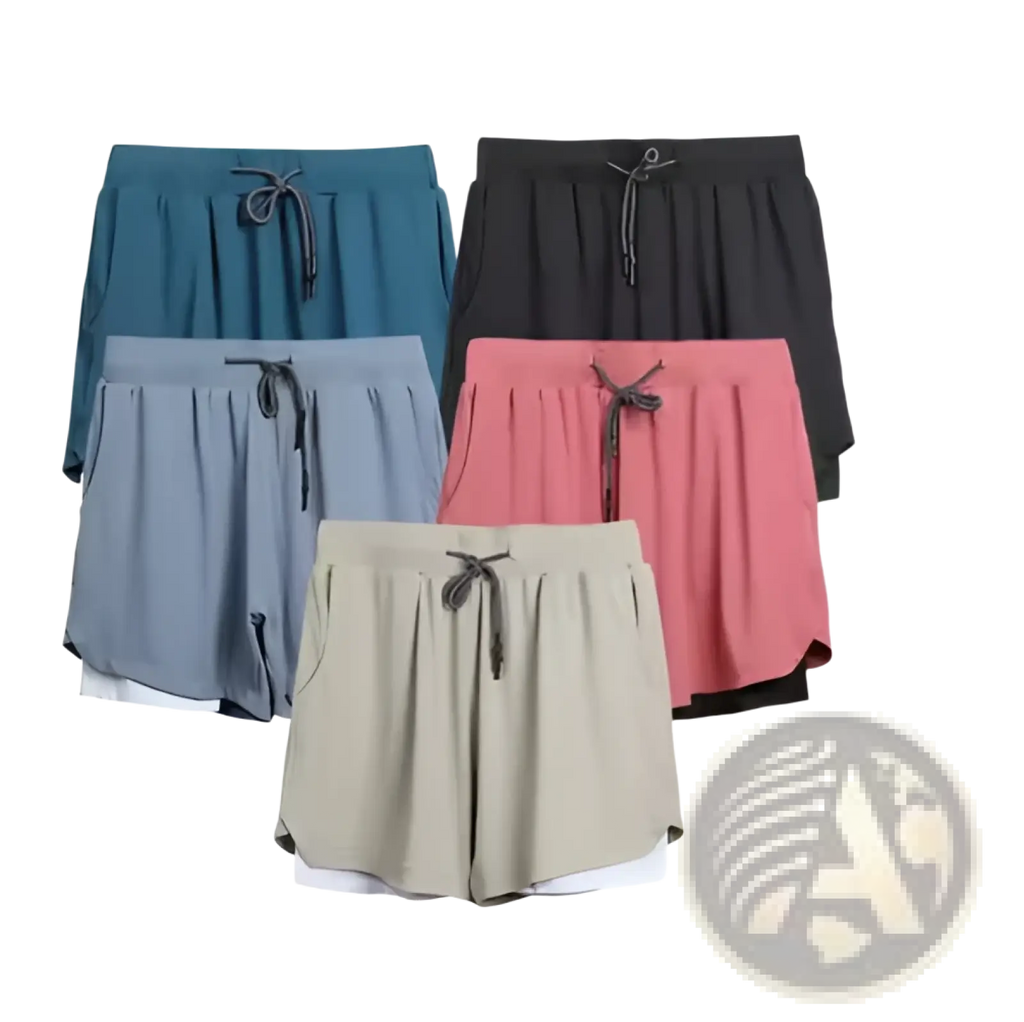 Men’s 2-in-1 breathable quick dry athletic training shorts in multicolored soft lightweight fabric with elastic waistband and drawstring tie