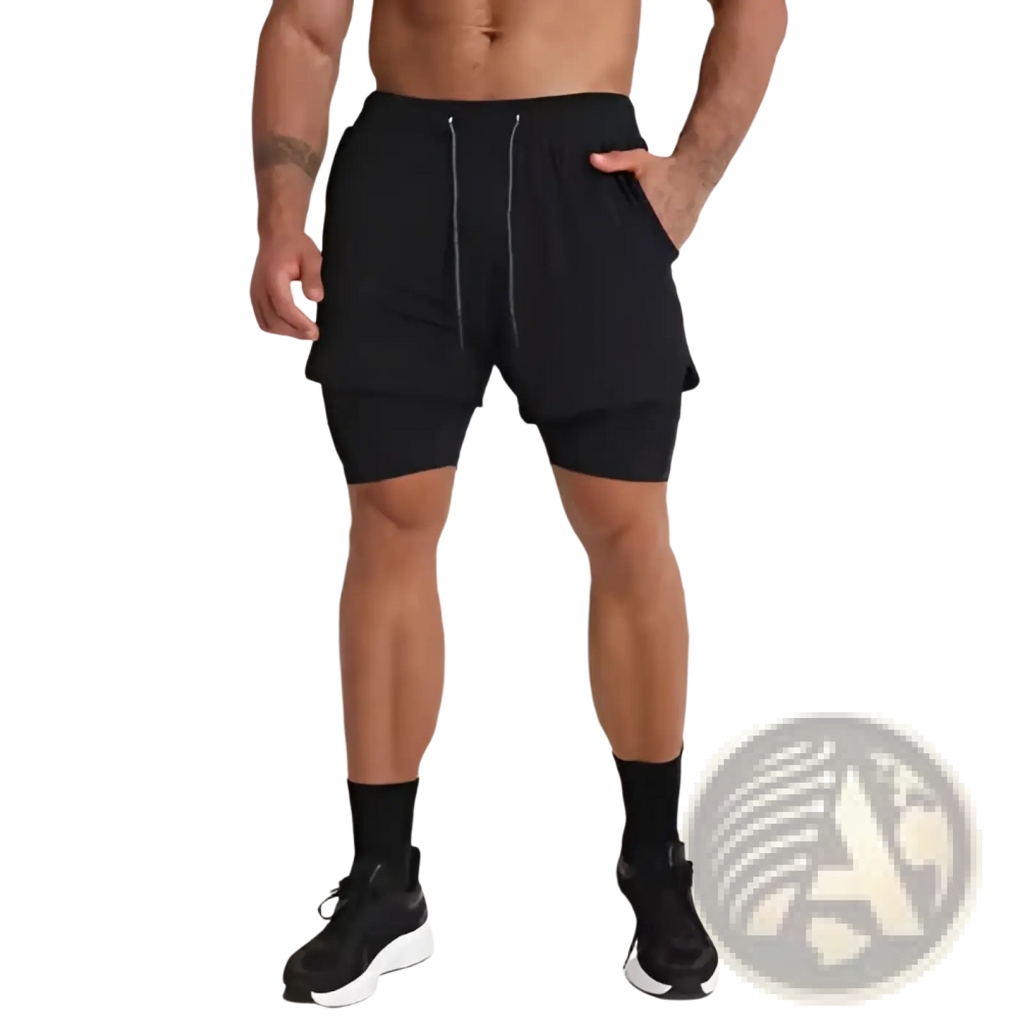 Men’s black breathable quick dry 2-in-1 athletic shorts with layered design and drawstring waistband for training