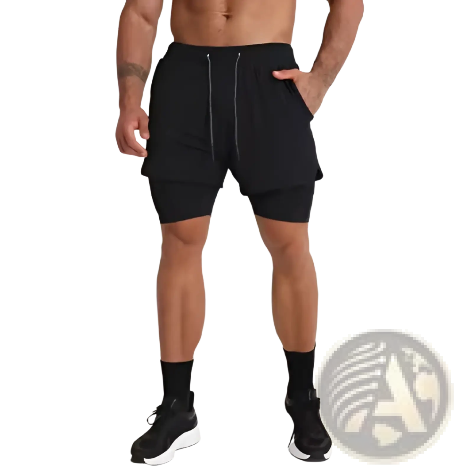 Men’s black breathable quick dry 2-in-1 athletic shorts with layered design and drawstring waistband for training