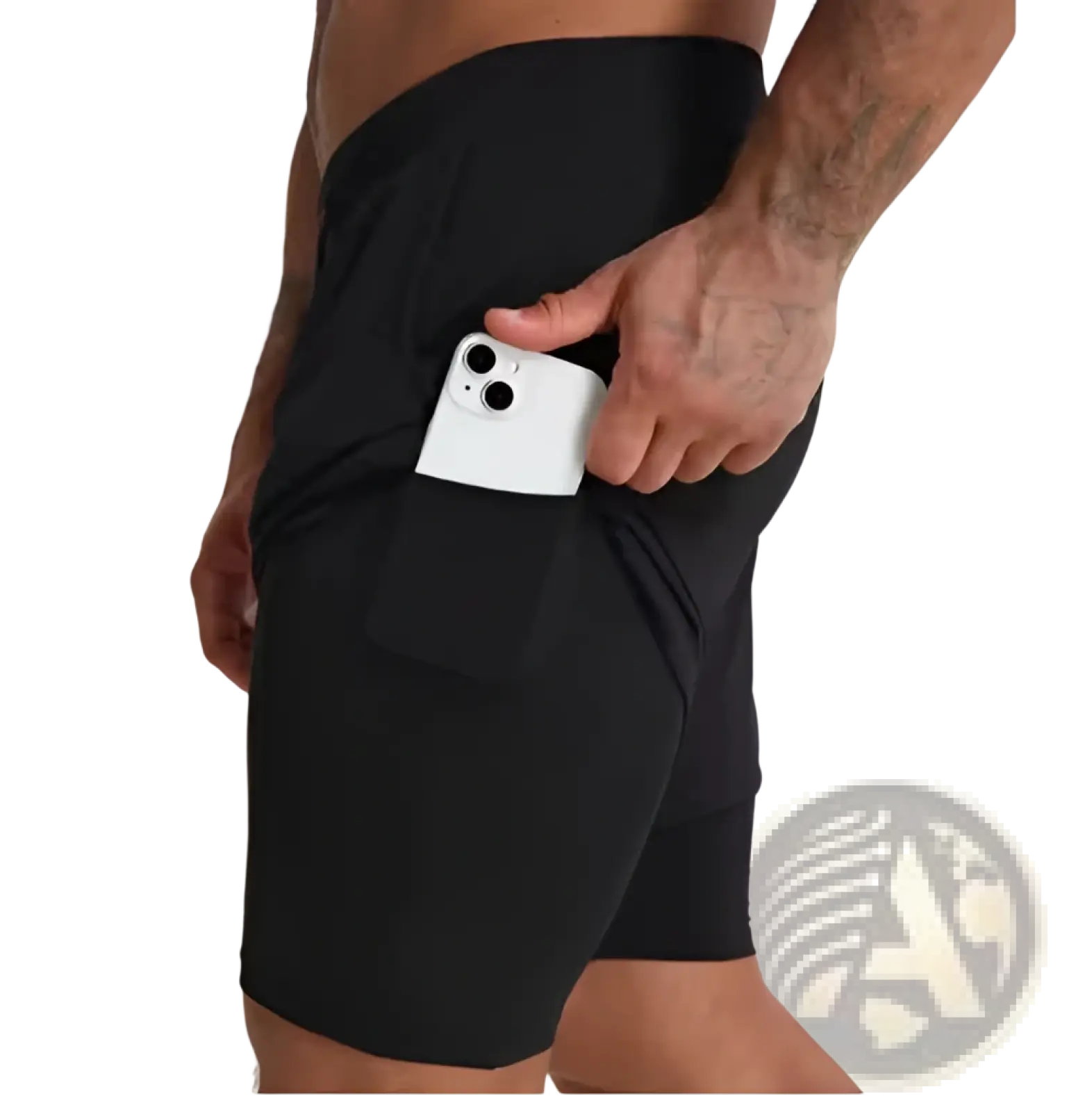 Black men’s 2-in-1 breathable quick dry athletic training shorts with side pocket holding a white smartphone