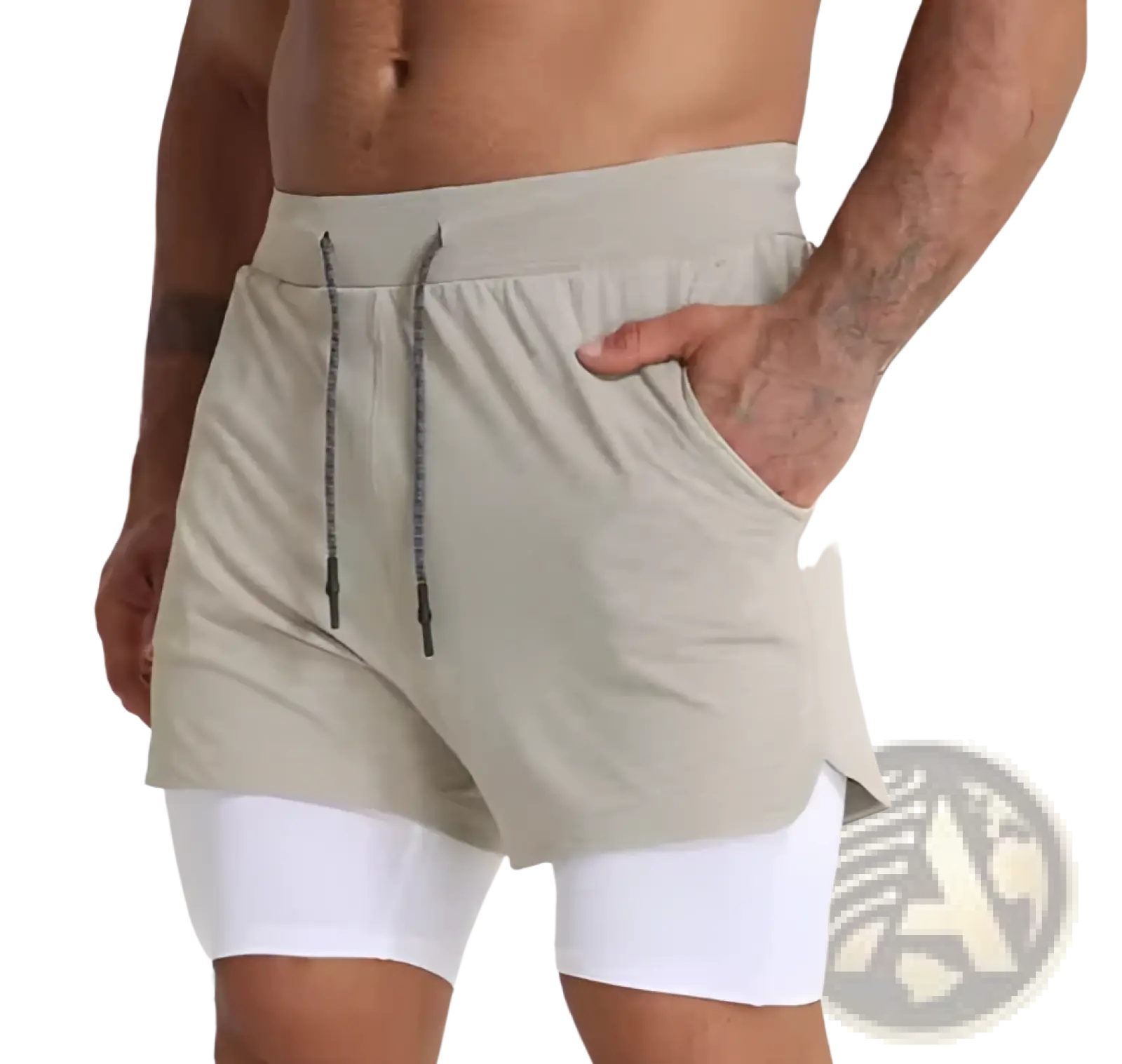 Men’s beige 2-in-1 breathable quick dry athletic training shorts with drawstring waistband and side pockets over white compression leggings