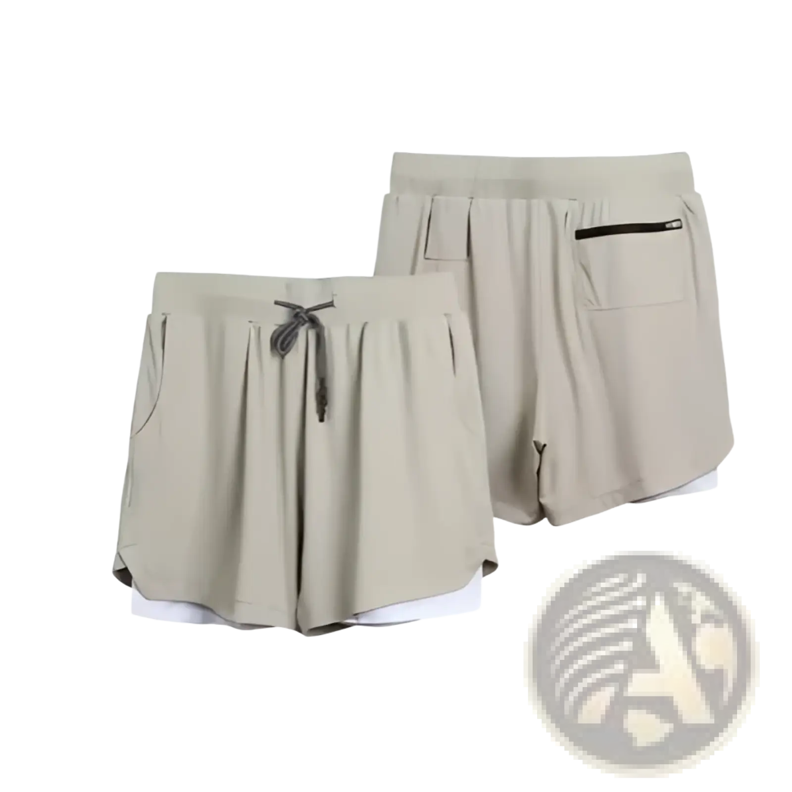Men’s beige 2-in-1 breathable quick dry athletic training shorts with drawstring waistband and side pockets