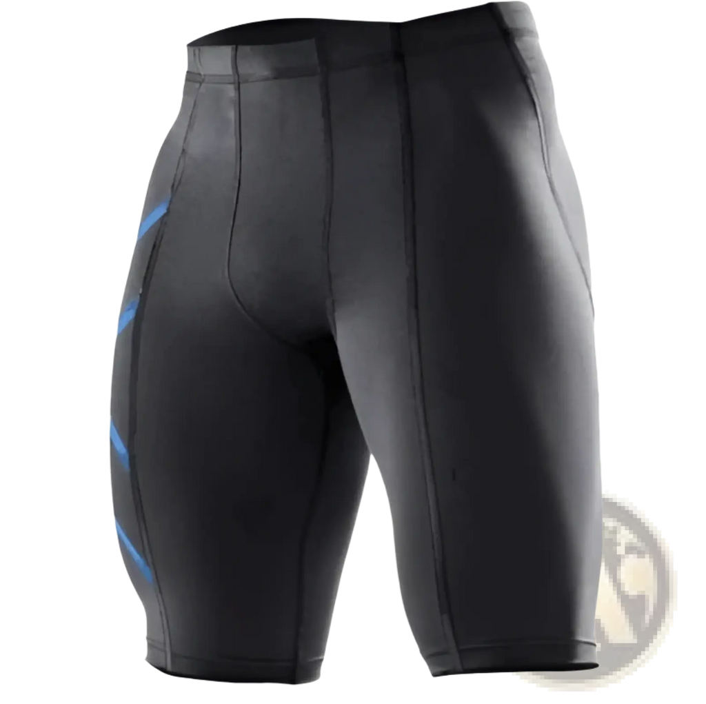 Men’s 2xu performance quick dry black compression shorts with blue diagonal stripes designed for athletic use