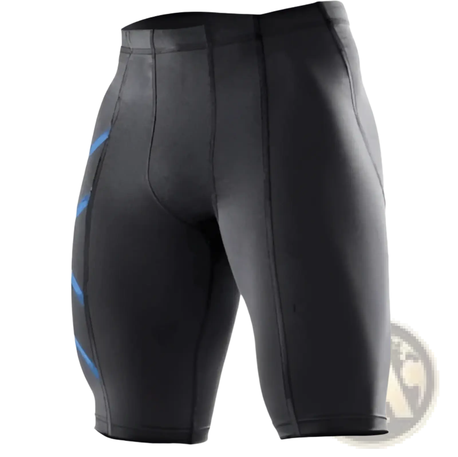 Men’s 2xu performance quick dry black compression shorts with blue diagonal stripes designed for athletic use