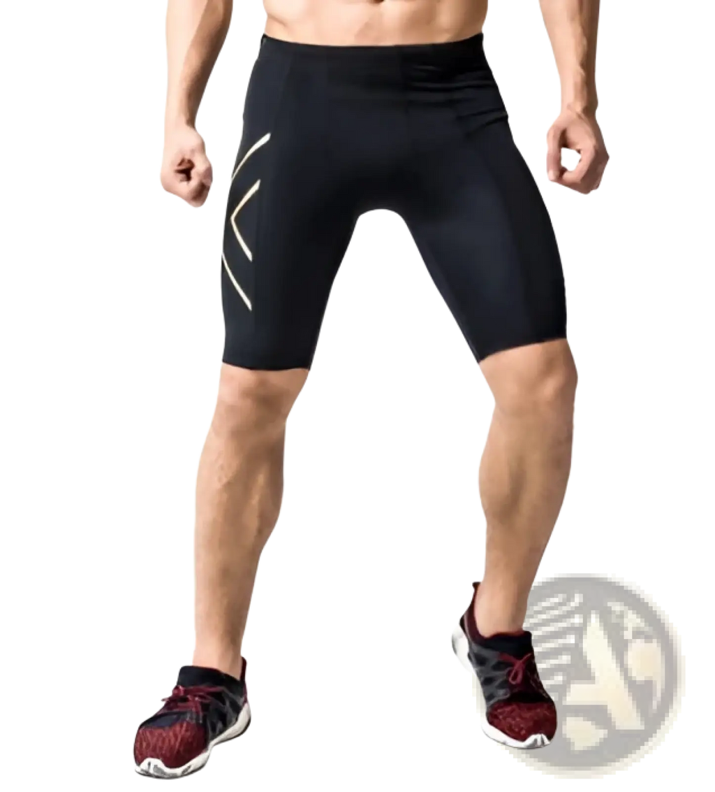 Men’s 2xu performance quick dry black compression shorts with gold reflective stripes for athletic use