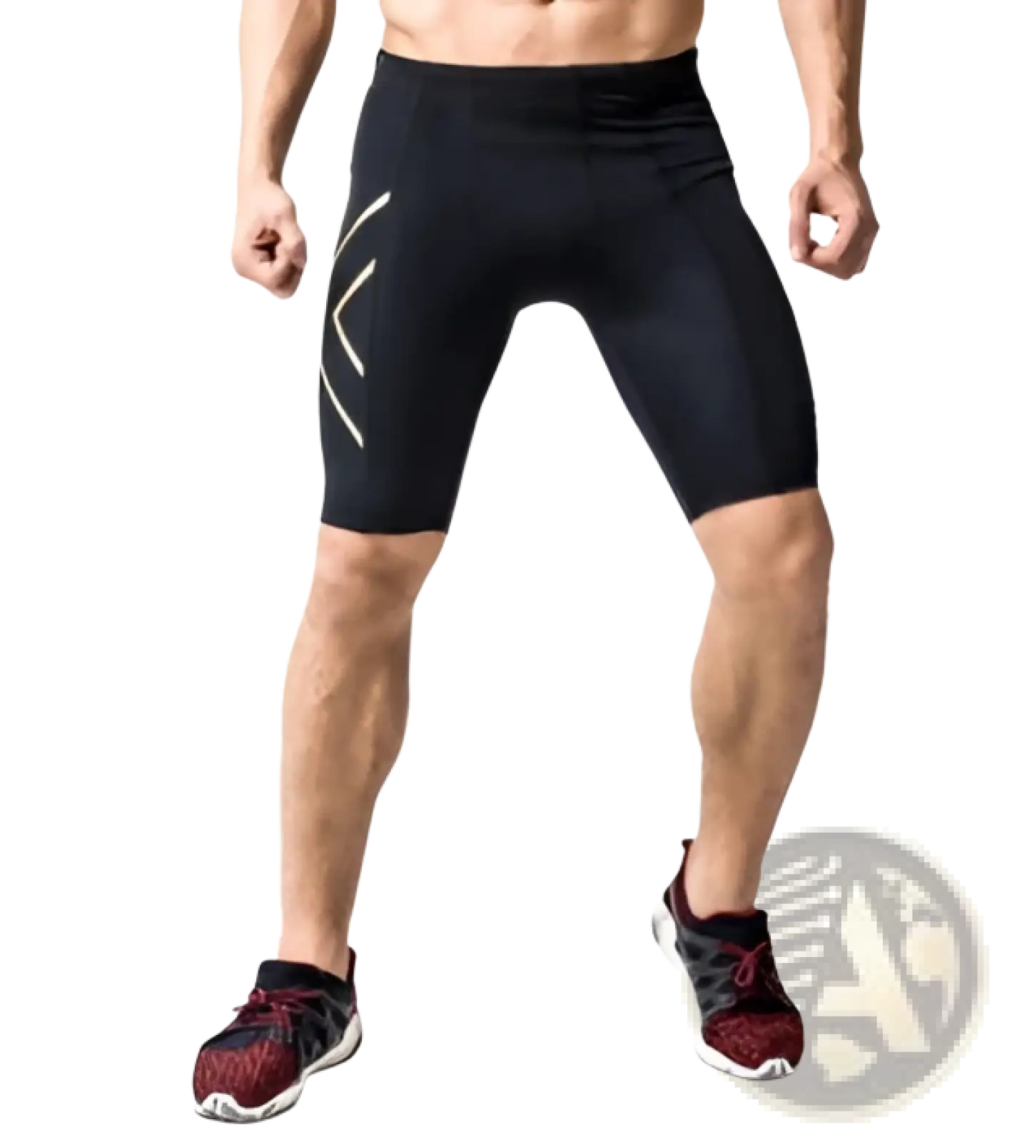 Men’s 2xu performance quick dry black compression shorts with gold reflective stripes for athletic use