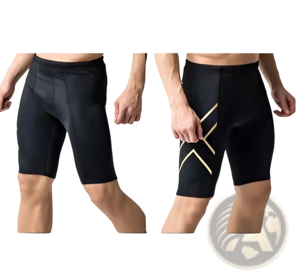 Men’s 2xu performance quick dry compression shorts in black with gold geometric accents on the thigh