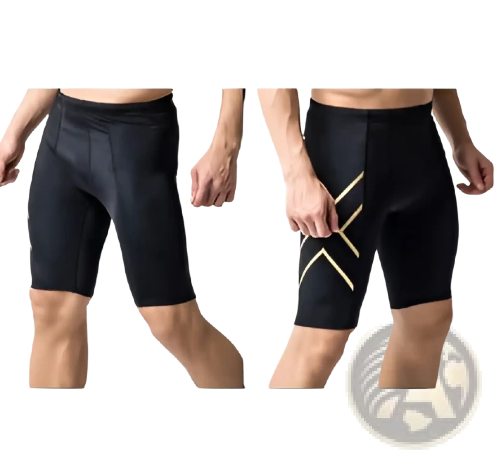 Men’s 2xu performance quick dry compression shorts in black with gold geometric accents on the thigh