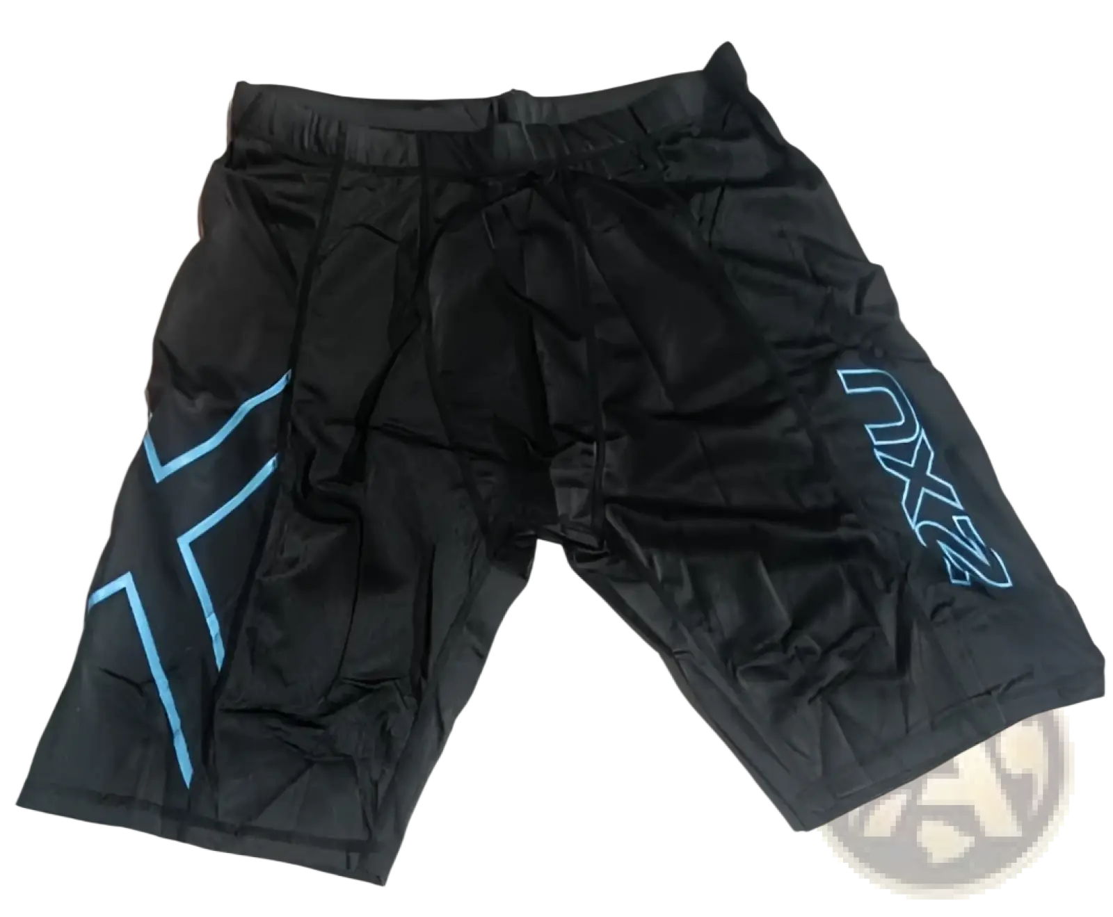 Men’s 2xu performance quick dry compression shorts in black with blue neon logo accents and a drawstring waistband