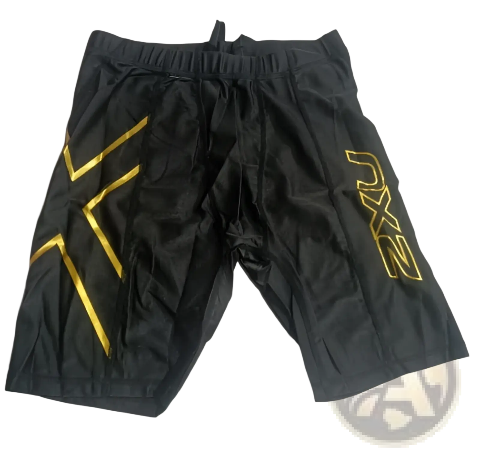 Men’s 2xu performance quick dry compression shorts in black with bold gold diagonal stripes made from performance fabric