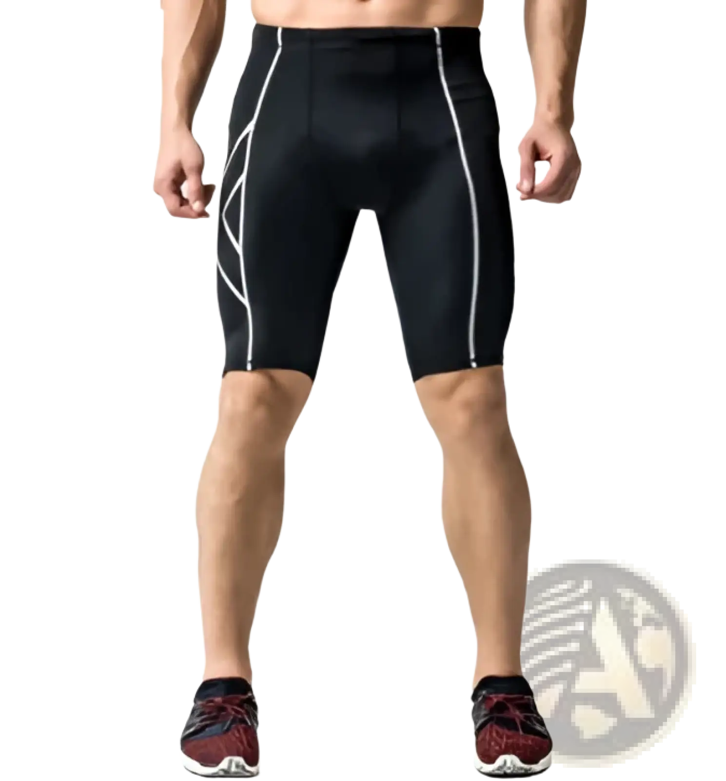 Men’s 2xu performance quick dry compression shorts in black with silver reflective stripes along the sides