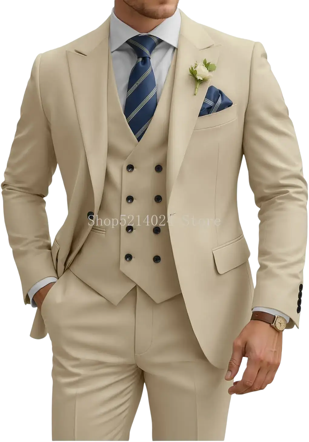 Mens 3 piece slim fit beige double breasted tuxedo suit with matching trousers light blue shirt navy striped tie and pocket square