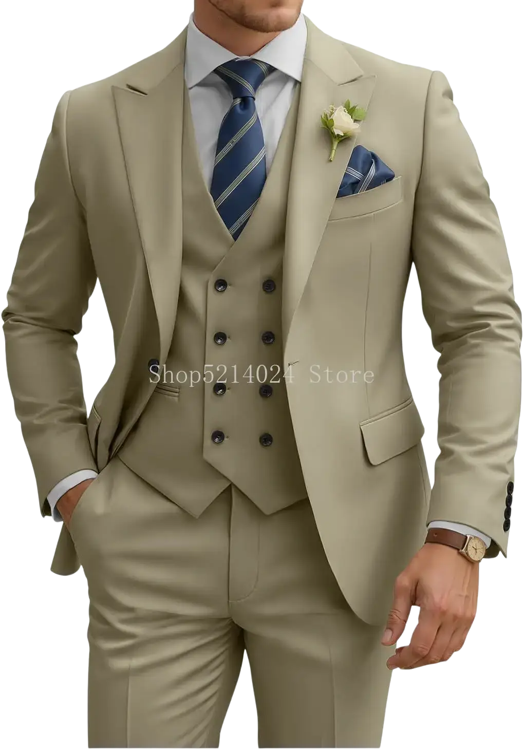 Beige mens 3 piece slim fit suit with double breasted vest and matching trousers for formal occasions