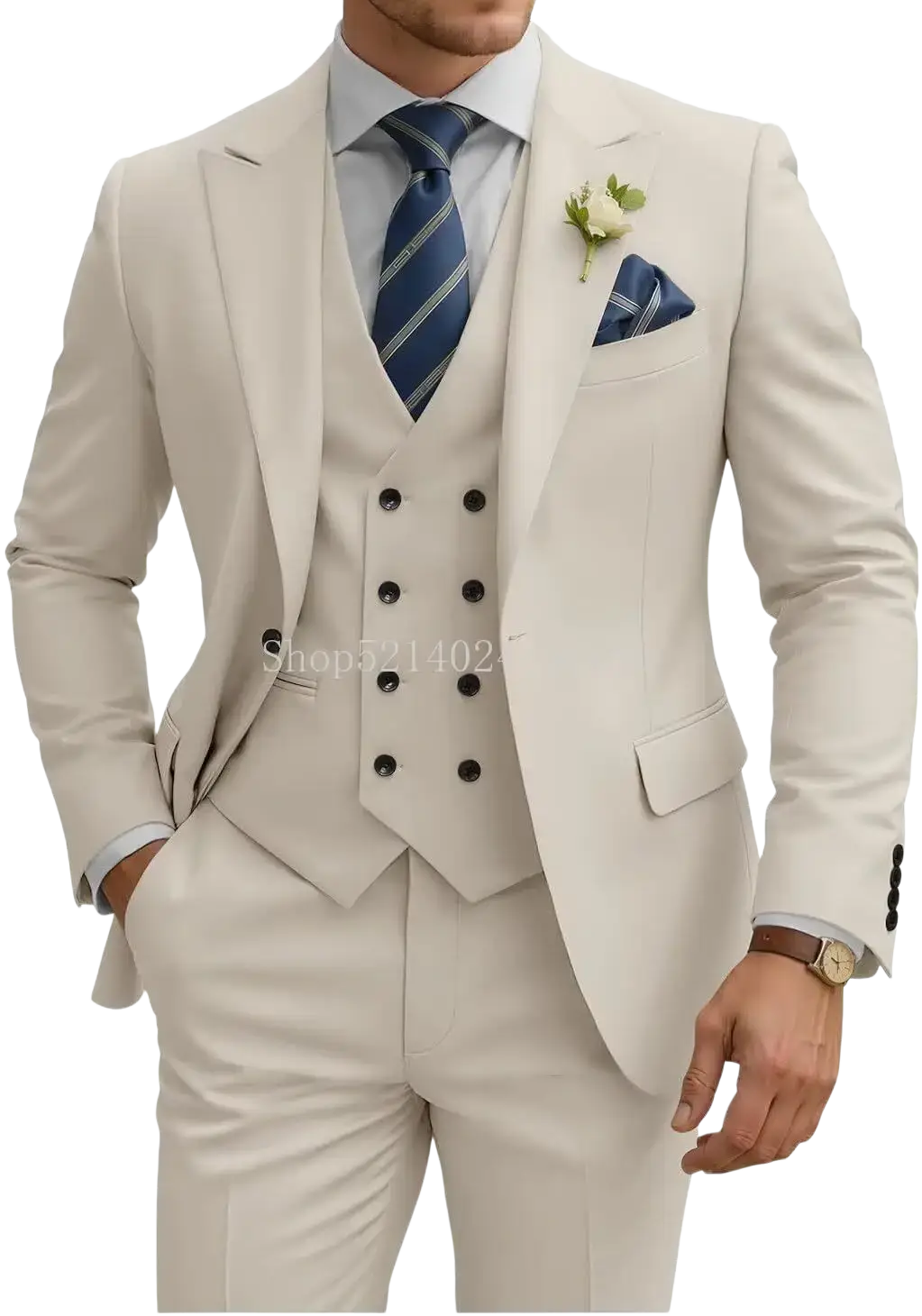 Beige mens 3 piece slim fit suit with double breasted vest and matching trousers in formal tuxedo style