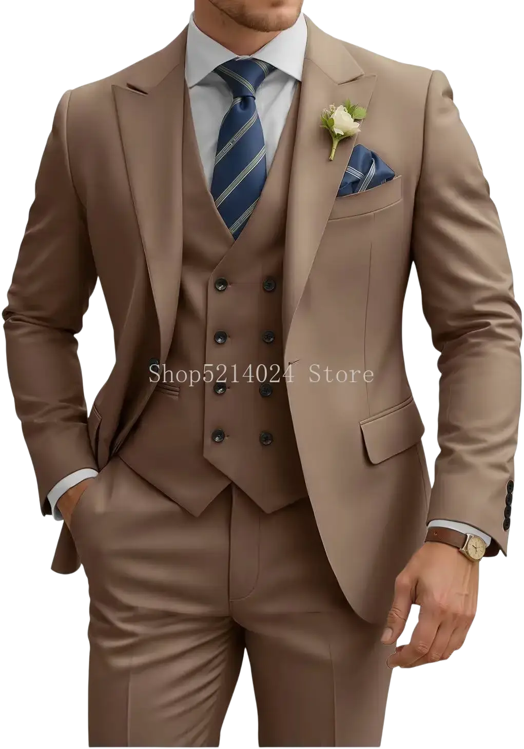 Beige mens three piece slim fit suit with double breasted vest and matching trousers for formal occasions