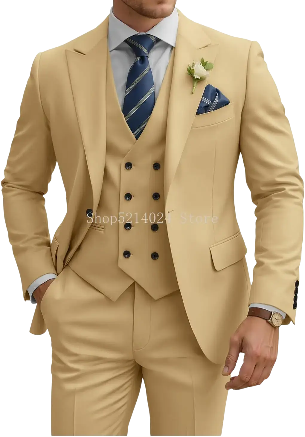 Beige mens 3 piece slim fit suit with double breasted vest and matching trousers featuring black buttons
