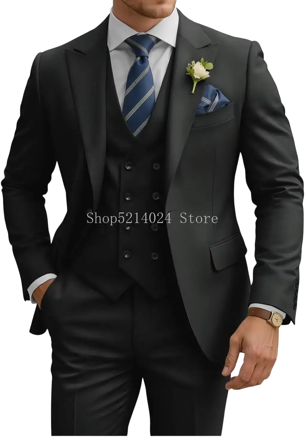 Black mens three-piece slim fit suit with sleek tailored fit and double-breasted vest for formal occasions
