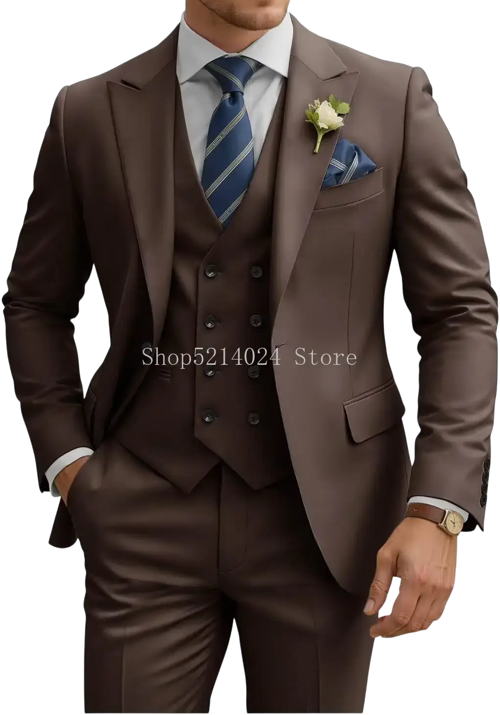 Mens 3 piece slim fit brown suit with notched lapels double breasted vest and matching trousers in formal fabric