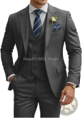 A sleek charcoal gray mens 3 piece slim fit double breasted tuxedo suit with notched lapel jacket vest and trousers