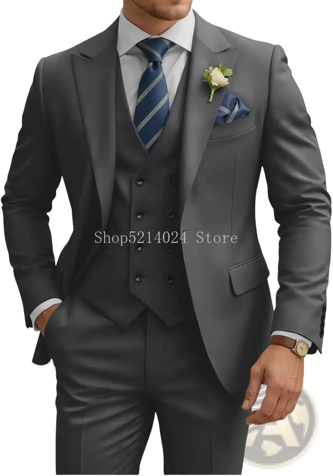 A sleek charcoal gray mens 3 piece slim fit double breasted tuxedo suit with notched lapel jacket vest and trousers