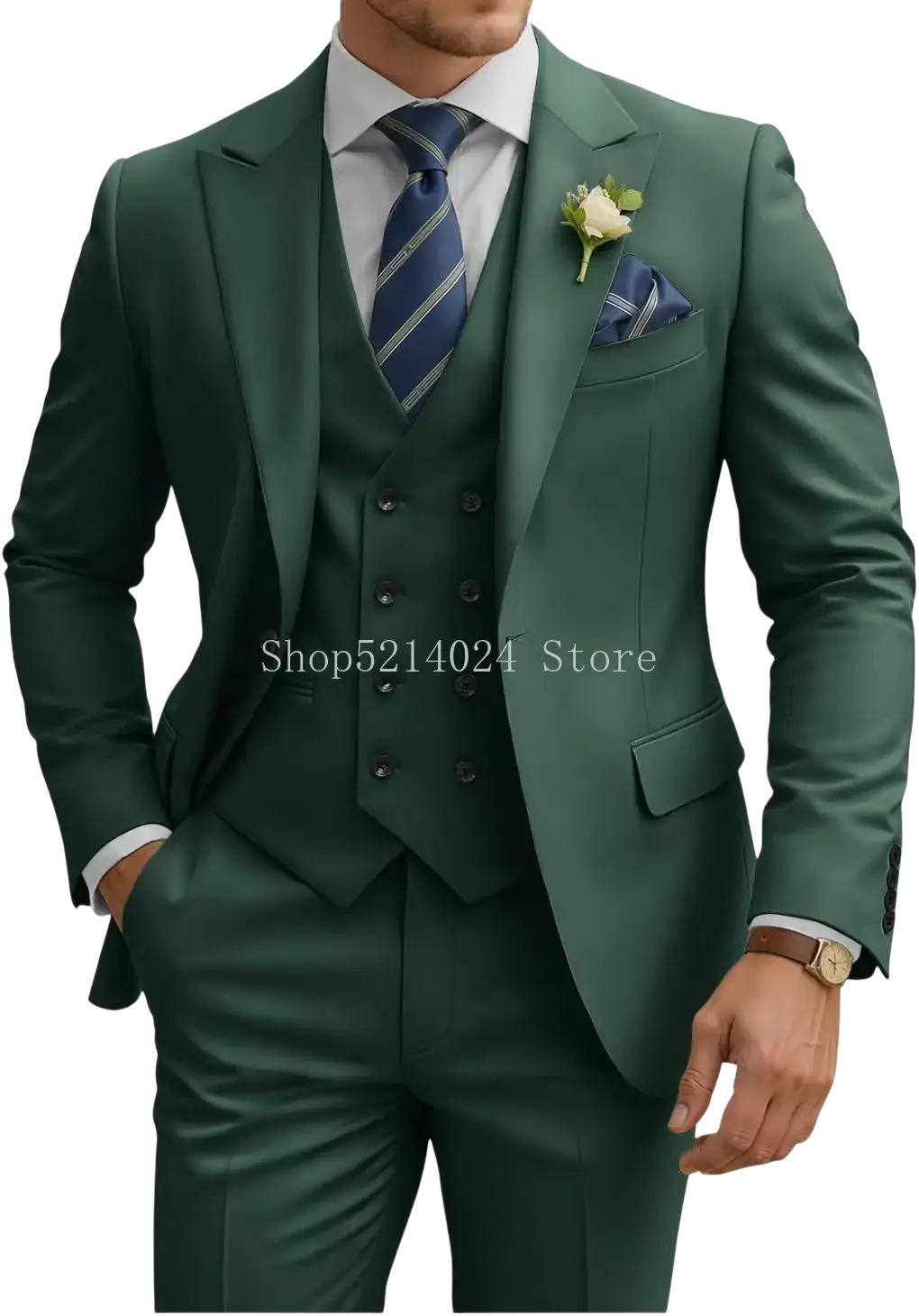 Elegant emerald green mens 3 piece slim fit suit with notched lapel jacket double breasted vest and formal trousers