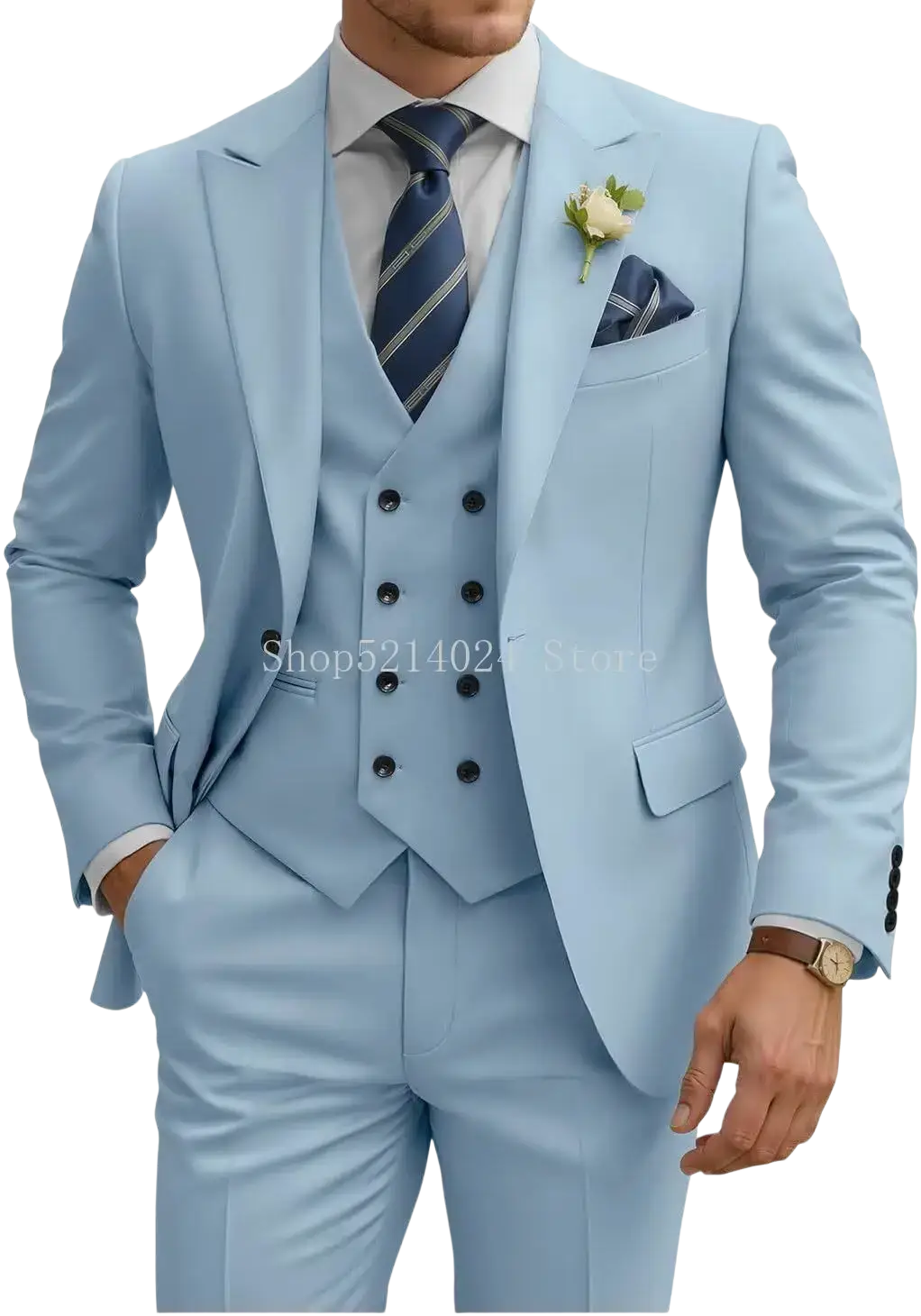 Light blue mens 3 piece slim fit suit with double breasted vest and matching trousers tuxedo set