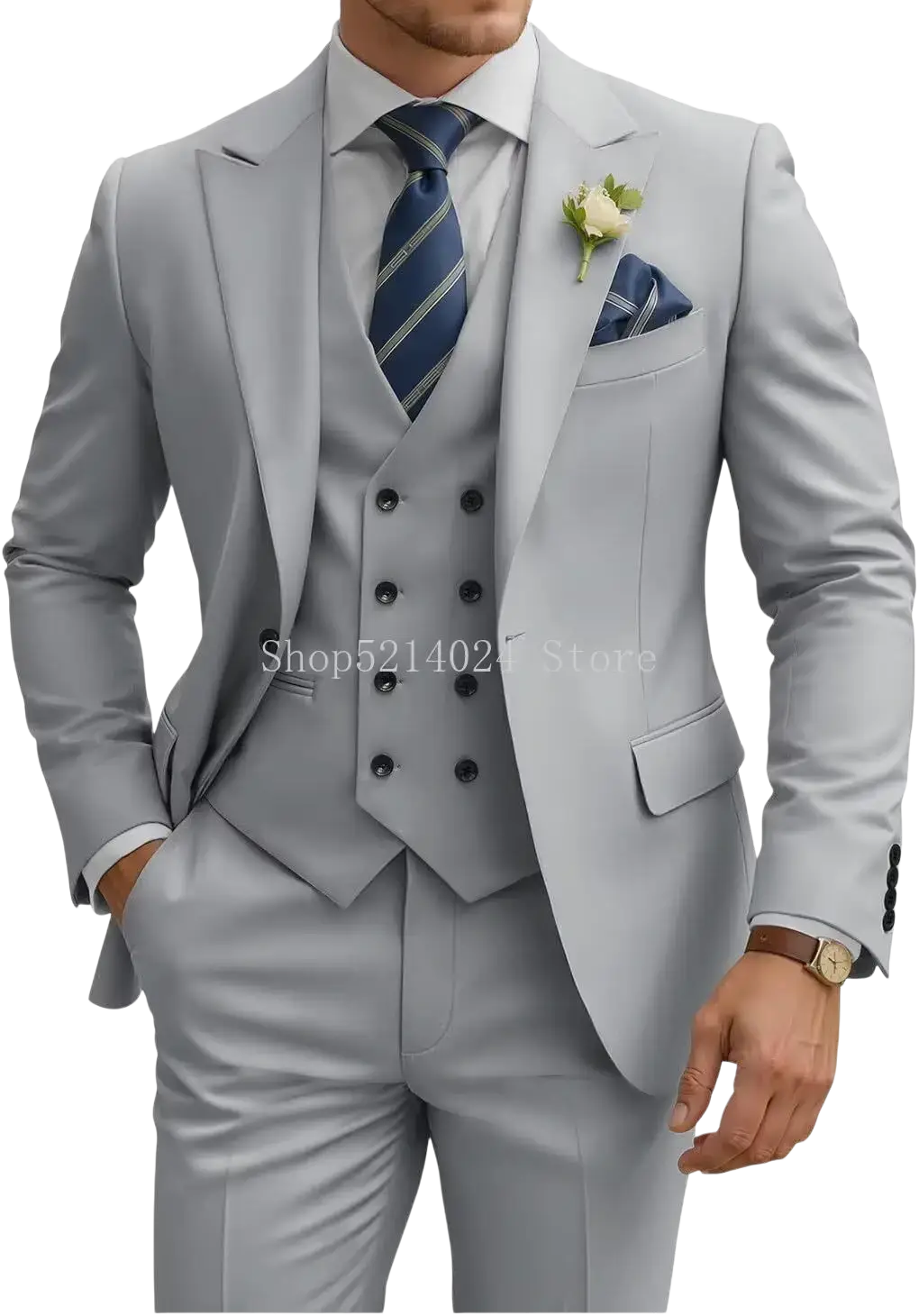 Light gray mens 3 piece slim fit suit with double breasted jacket vest and trousers for formal occasions