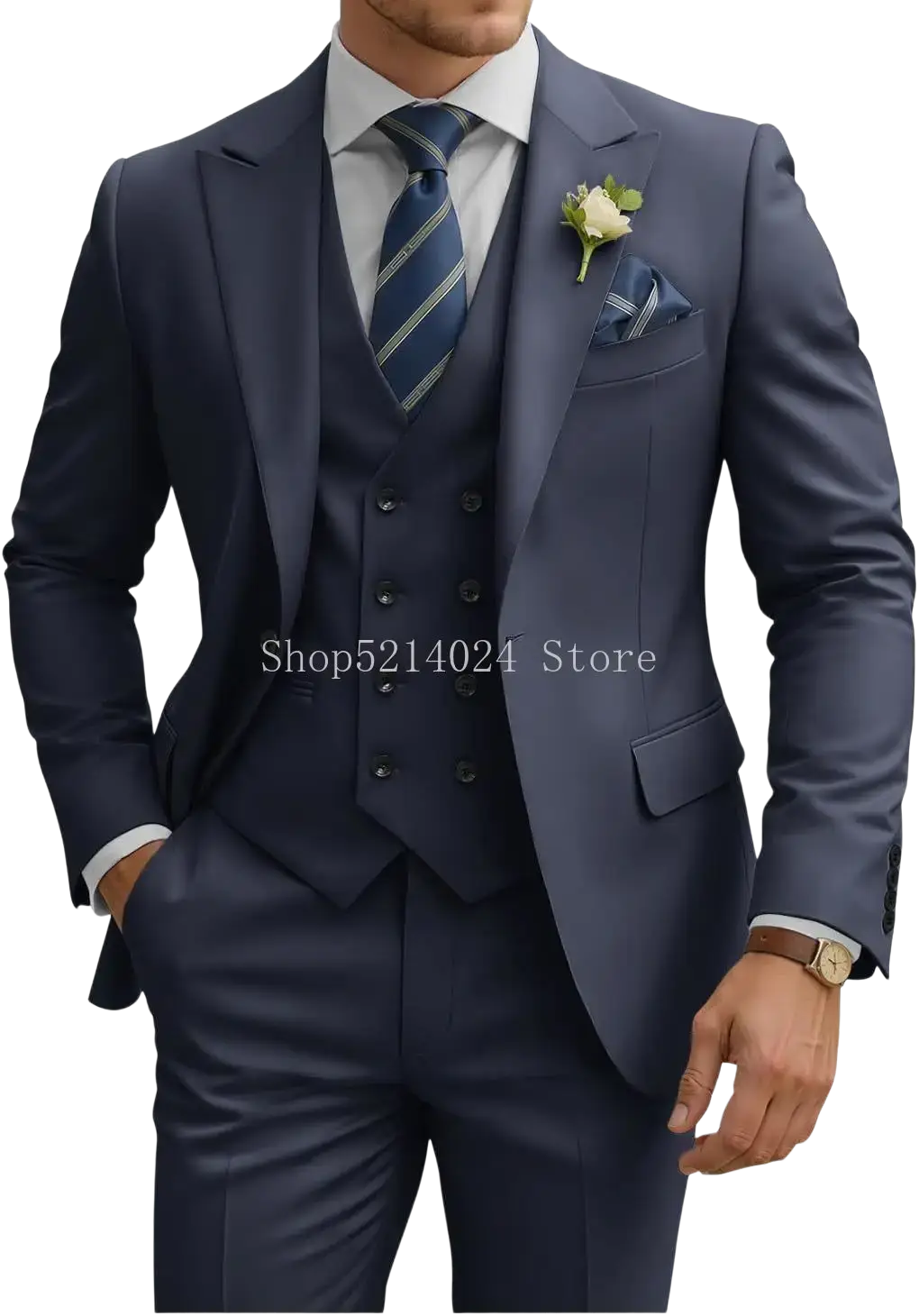 Navy blue mens 3 piece slim fit suit with matching vest and trousers featuring a subtle sheen and tailored fit