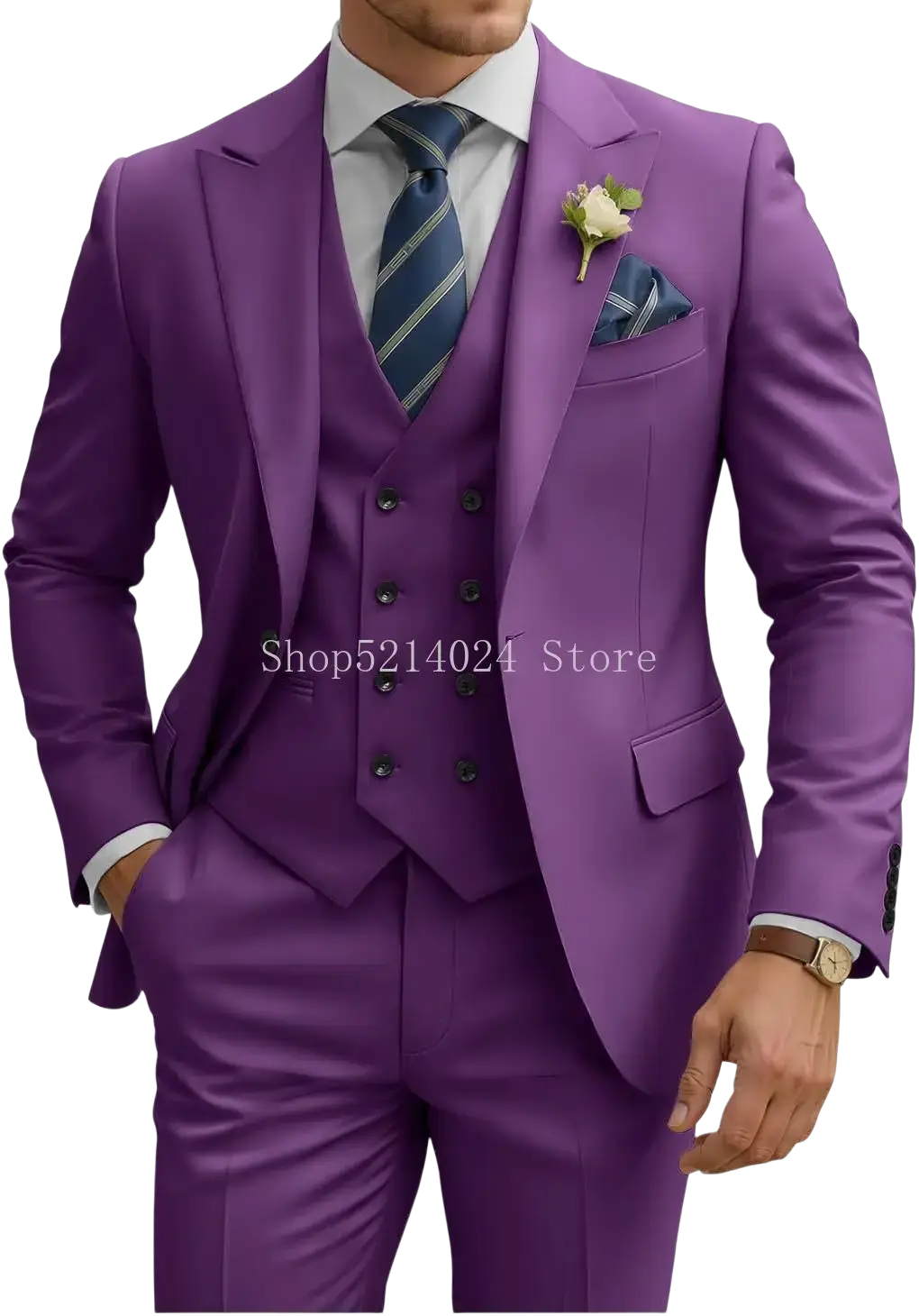 Mens 3 piece slim fit suit purple double breasted tuxedo with tailored vest and matching trousers