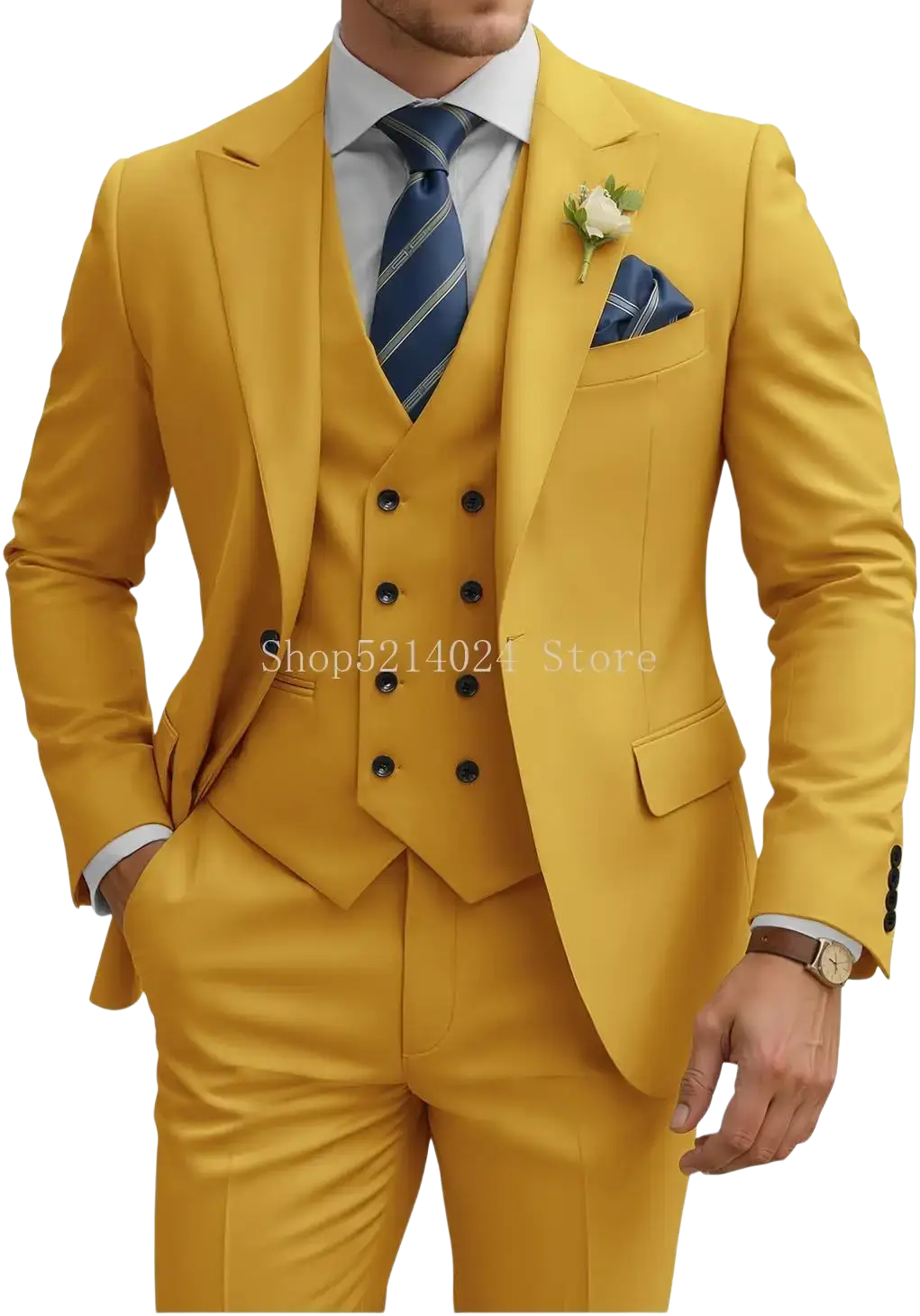 Mens three piece slim fit suit double breasted tuxedo in sharp mustard yellow with black buttons and navy striped tie