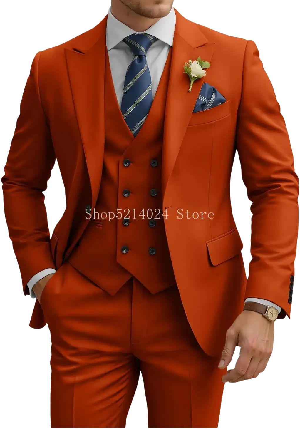 Mens 3 piece slim fit double breasted tuxedo suit in sharp vibrant orange with matching vest and trousers